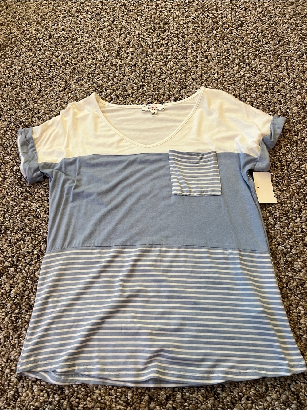 Corvia White & Light Blue V-Neck Tee with Striped Pocket